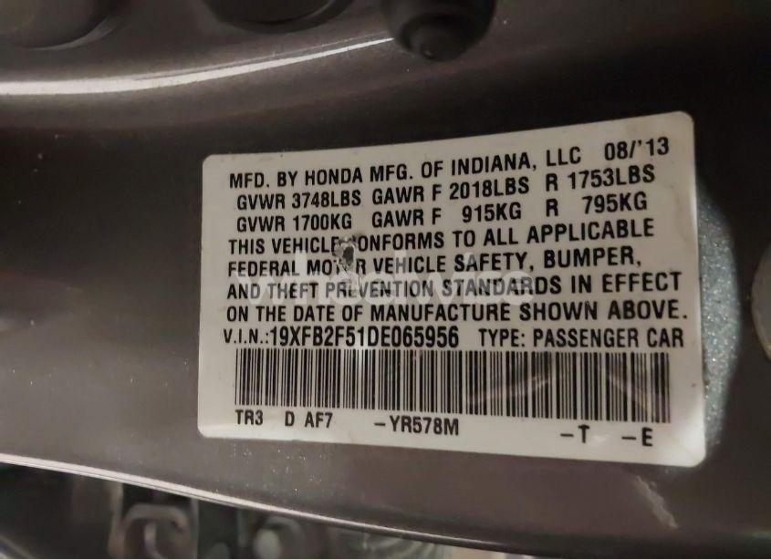 Photo 9 of 2013 Honda Civic LX (VIN 19XFB2F51DE065956)