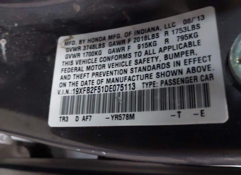 Photo 9 of 2013 Honda Civic LX (VIN 19XFB2F51DE075113)