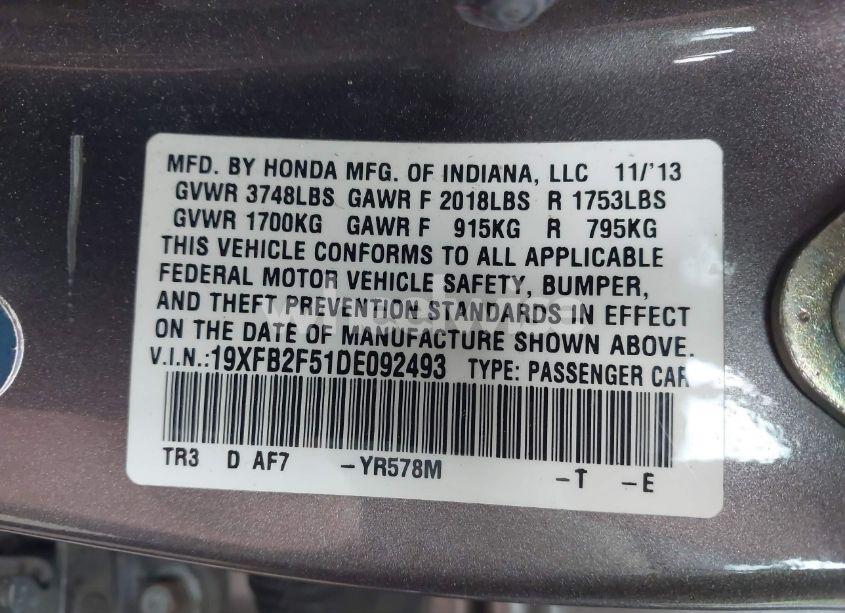 Photo 9 of 2013 Honda Civic LX (VIN 19XFB2F51DE092493)