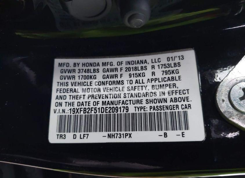 Photo 9 of 2013 Honda Civic LX (VIN 19XFB2F51DE209179)