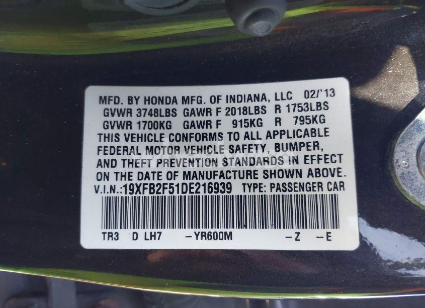 Photo 9 of 2013 Honda Civic LX (VIN 19XFB2F51DE216939)
