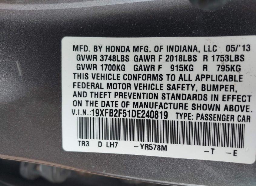 Photo 9 of 2013 Honda Civic LX (VIN 19XFB2F51DE240819)