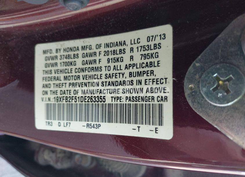 Photo 9 of 2013 Honda Civic LX (VIN 19XFB2F51DE263355)