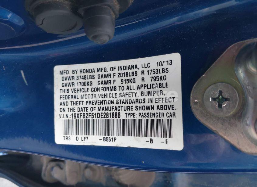 Photo 9 of 2013 Honda Civic LX (VIN 19XFB2F51DE281886)