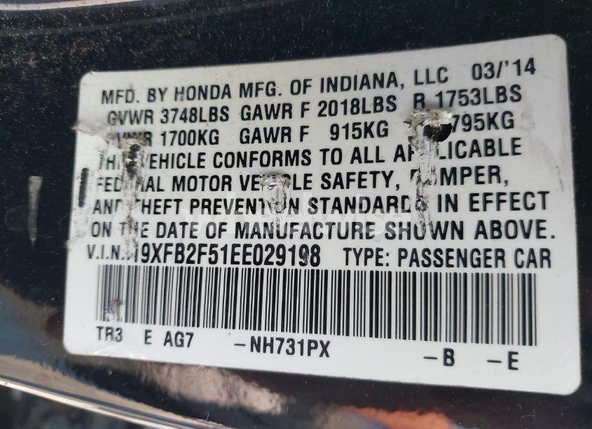 Photo 9 of 2014 Honda Civic LX (VIN 19XFB2F51EE029198)