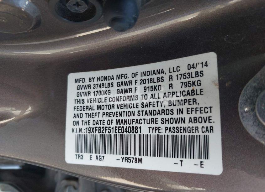 Photo 9 of 2014 Honda Civic LX (VIN 19XFB2F51EE040881)