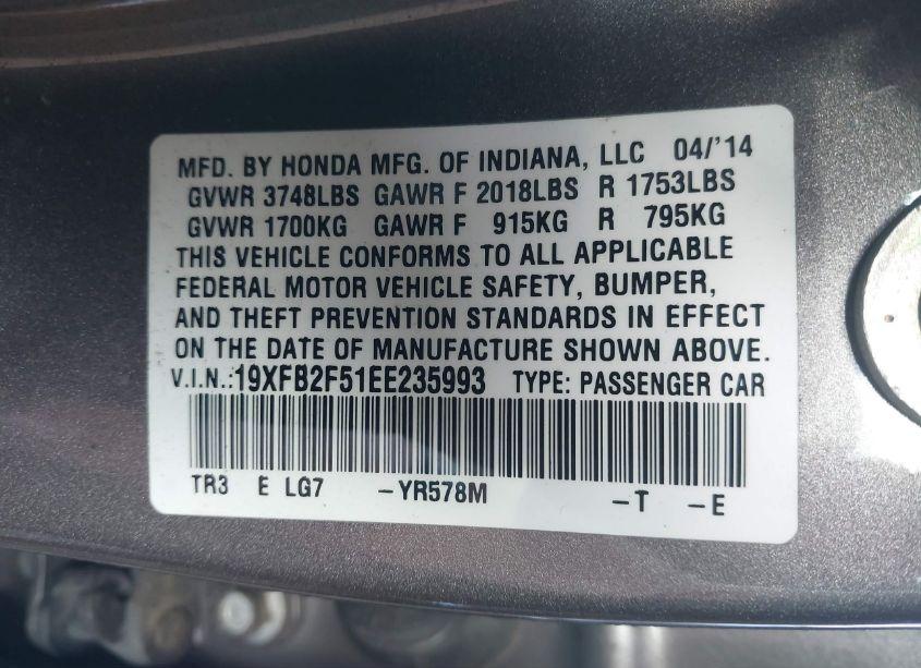 Photo 9 of 2014 Honda Civic LX (VIN 19XFB2F51EE235993)