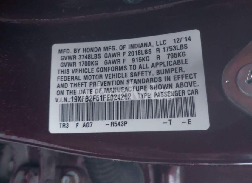 Photo 9 of 2015 Honda Civic LX (VIN 19XFB2F51FE024262)