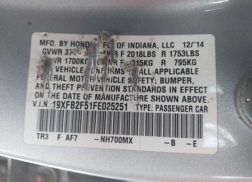 Photo 9 of 2015 Honda Civic LX (VIN 19XFB2F51FE025251)