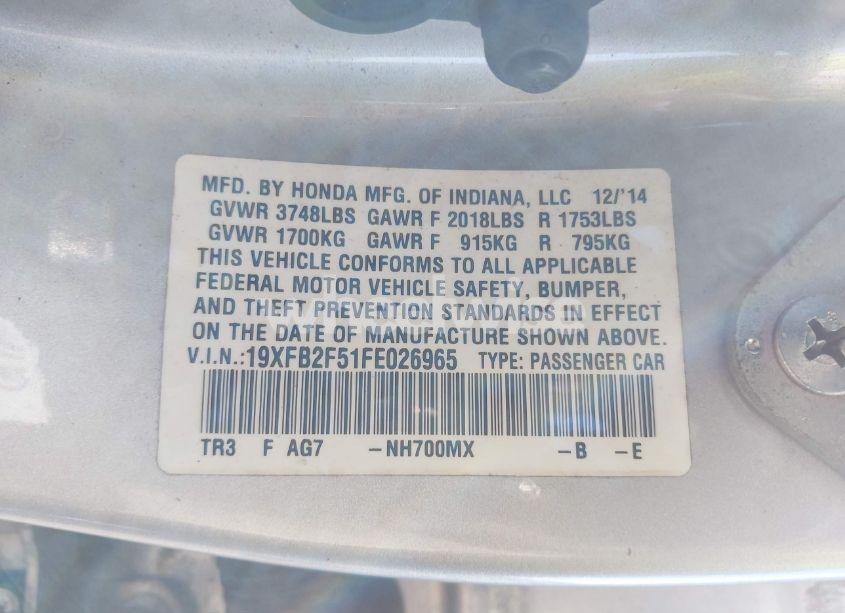 Photo 9 of 2015 Honda Civic LX (VIN 19XFB2F51FE026965)