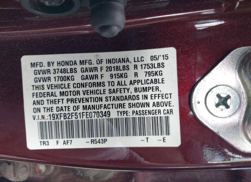 Photo 9 of 2015 Honda Civic LX (VIN 19XFB2F51FE070349)