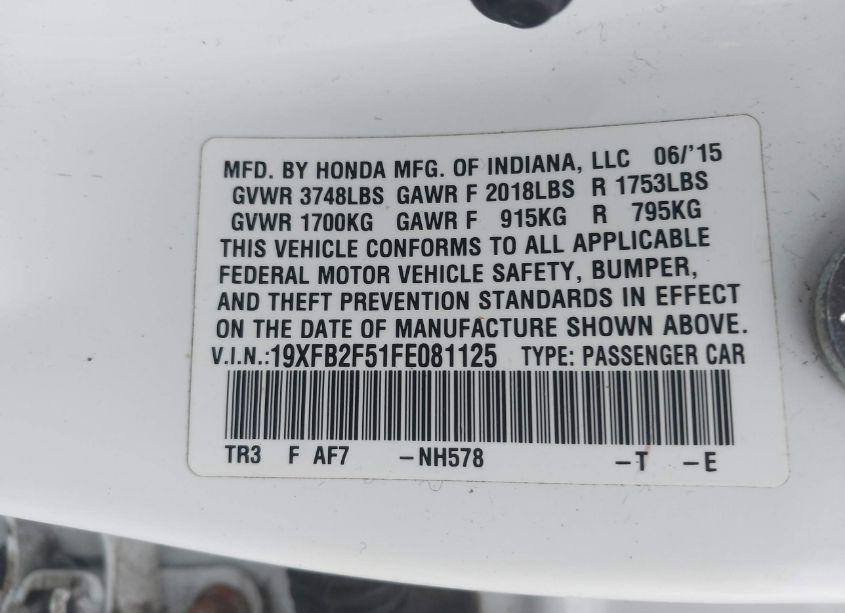 Photo 9 of 2015 Honda Civic LX (VIN 19XFB2F51FE081125)