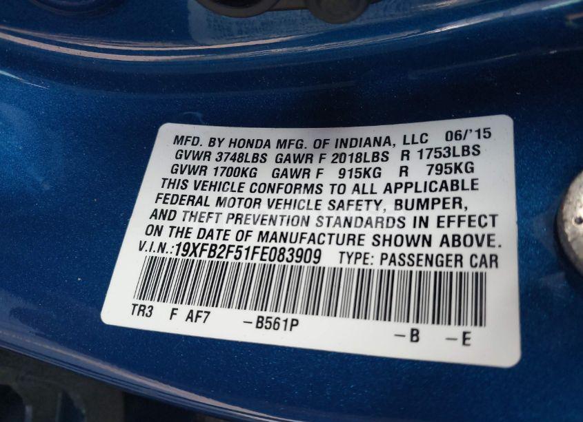 Photo 9 of 2015 Honda Civic LX (VIN 19XFB2F51FE083909)