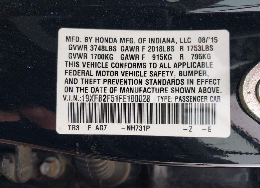Photo 9 of 2015 Honda Civic LX (VIN 19XFB2F51FE100028)