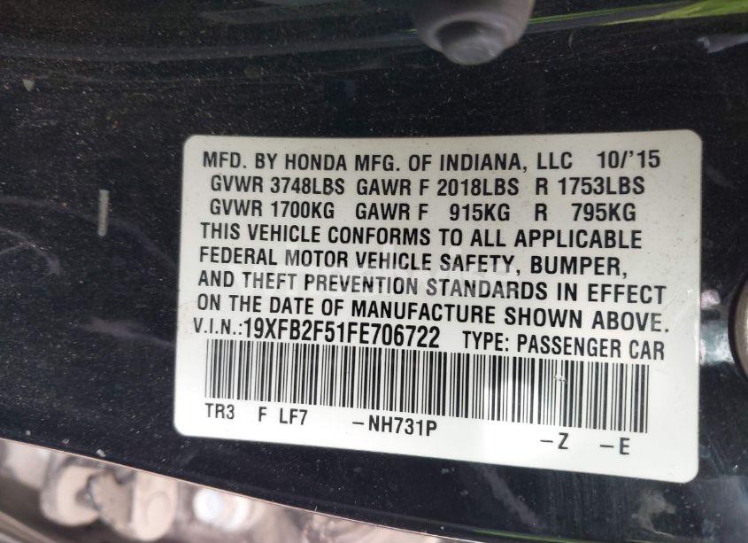 Photo 9 of 2015 Honda Civic LX (VIN 19XFB2F51FE706722)