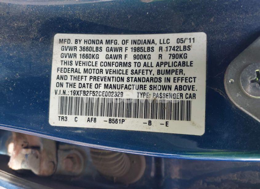 Photo 9 of 2012 Honda Civic LX (VIN 19XFB2F52CE002329)