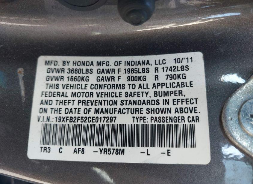 Photo 9 of 2012 Honda Civic LX (VIN 19XFB2F52CE017297)