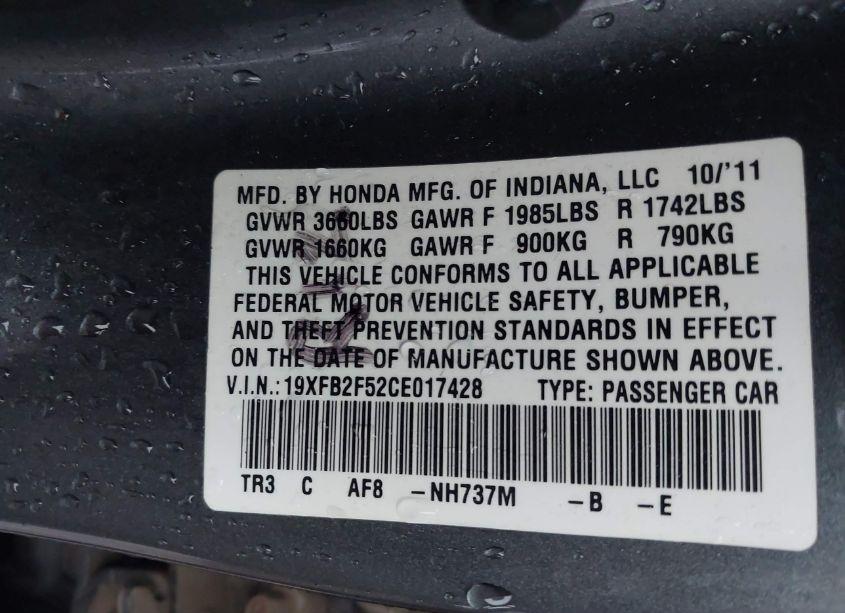 Photo 9 of 2012 Honda Civic SDN LX (VIN 19XFB2F52CE017428)