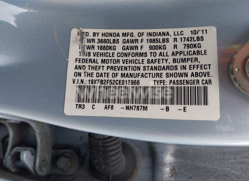 Photo 9 of 2012 Honda Civic SDN LX (VIN 19XFB2F52CE018966)