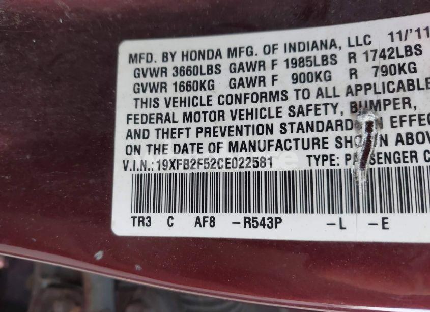 Photo 9 of 2012 Honda Civic LX (VIN 19XFB2F52CE022581)