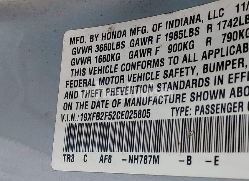 Photo 9 of 2012 Honda Civic LX (VIN 19XFB2F52CE025805)
