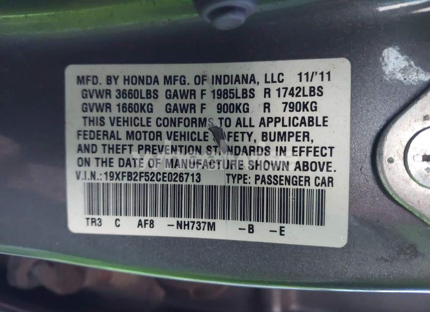 Photo 9 of 2012 Honda Civic SDN LX (VIN 19XFB2F52CE026713)