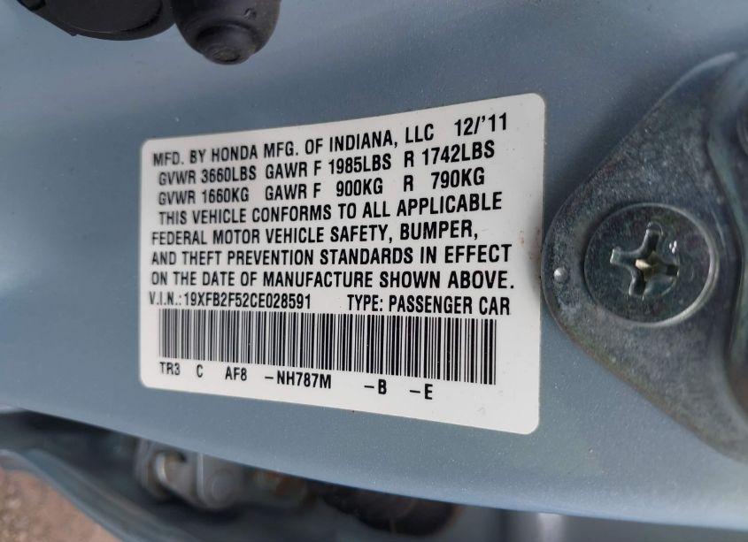 Photo 9 of 2012 Honda Civic LX (VIN 19XFB2F52CE028591)