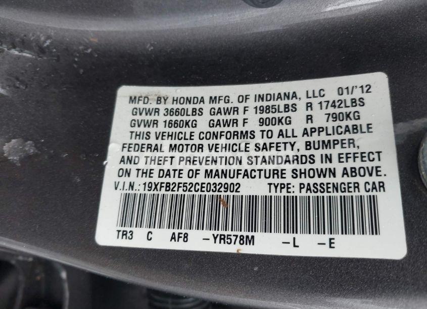 Photo 9 of 2012 Honda Civic LX (VIN 19XFB2F52CE032902)