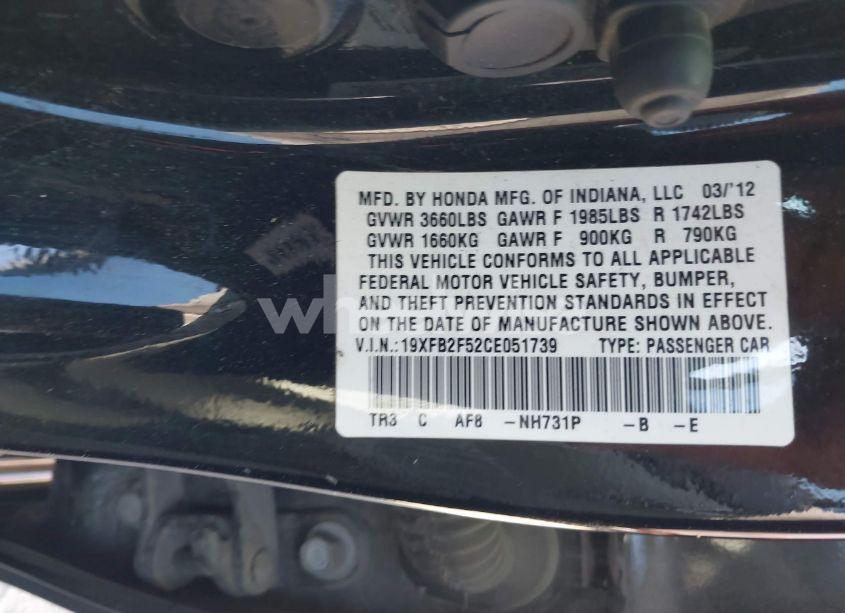 Photo 9 of 2012 Honda Civic LX (VIN 19XFB2F52CE051739)