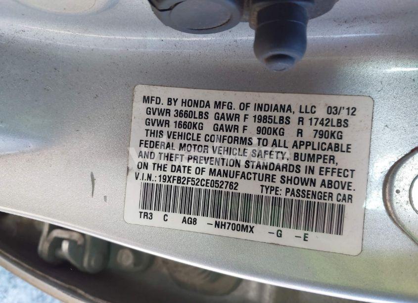 Photo 9 of 2012 Honda Civic SDN LX (VIN 19XFB2F52CE052762)