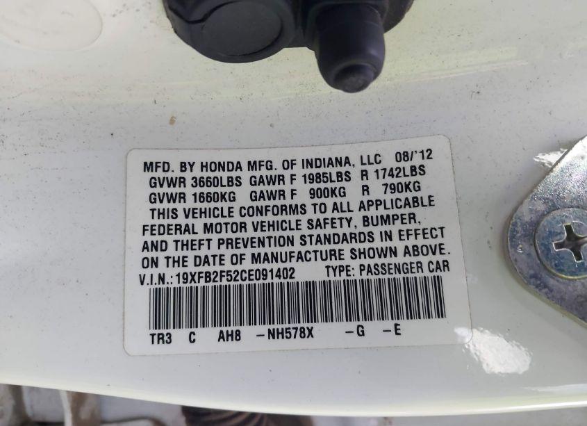 Photo 9 of 2012 Honda Civic SDN LX (VIN 19XFB2F52CE091402)