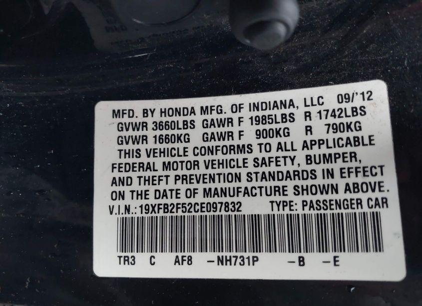 Photo 9 of 2012 Honda Civic SDN LX (VIN 19XFB2F52CE097832)