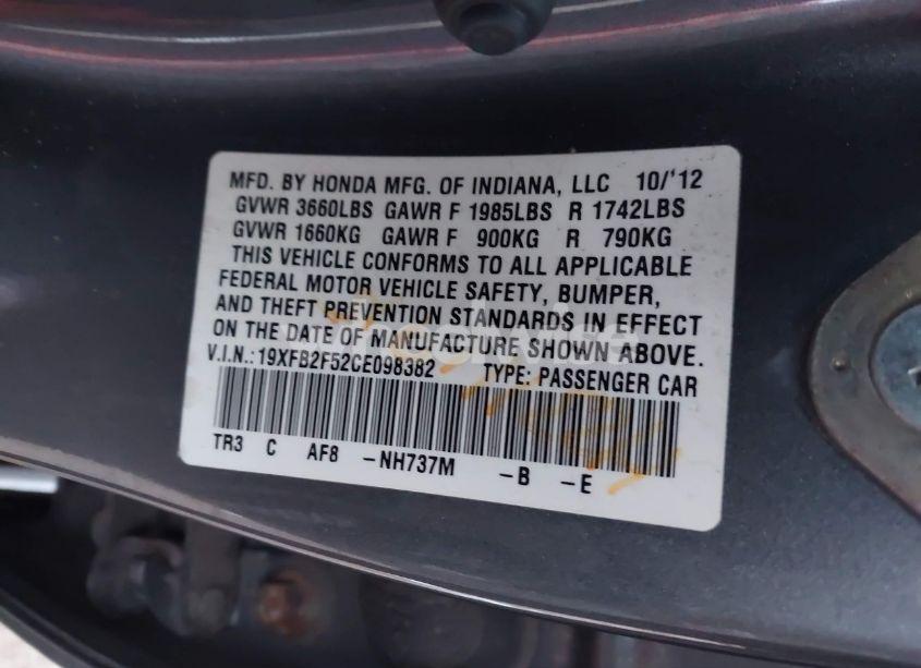 Photo 9 of 2012 Honda Civic SDN LX (VIN 19XFB2F52CE098382)
