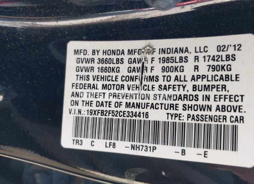 Photo 9 of 2012 Honda Civic SDN LX (VIN 19XFB2F52CE334416)