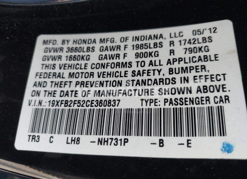 Photo 9 of 2012 Honda Civic SDN LX (VIN 19XFB2F52CE360837)