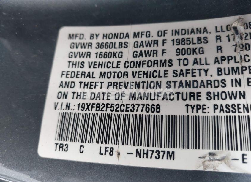 Photo 9 of 2012 Honda Civic LX (VIN 19XFB2F52CE377668)