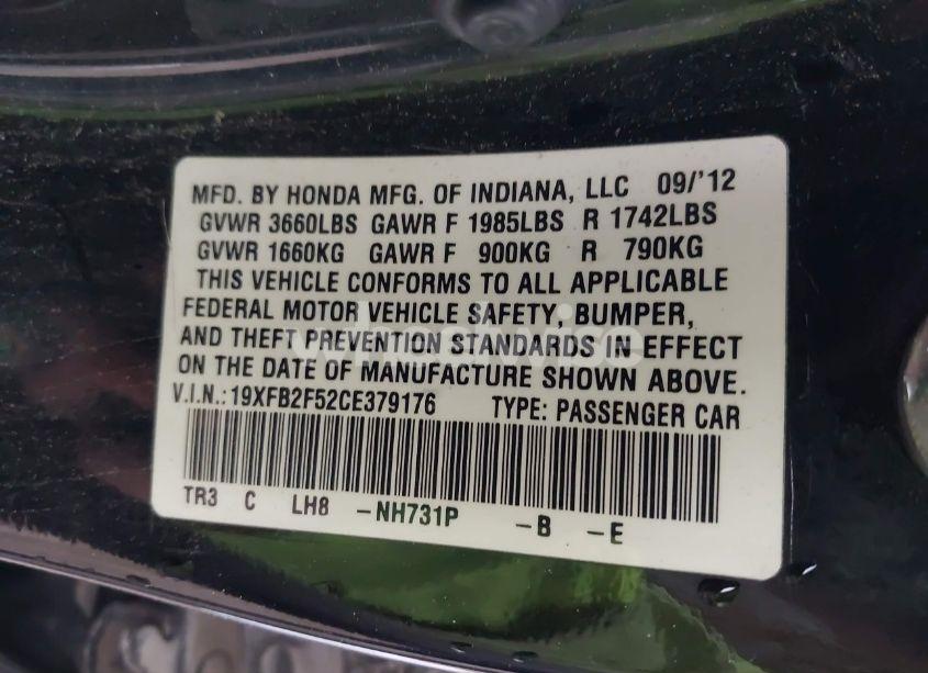 Photo 9 of 2012 Honda Civic SDN LX (VIN 19XFB2F52CE379176)