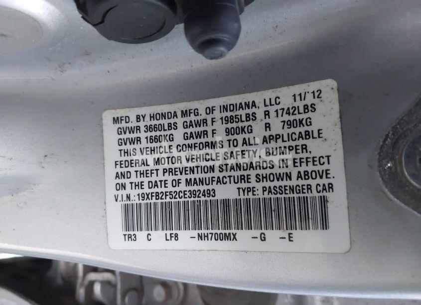 Photo 9 of 2012 Honda Civic SDN LX (VIN 19XFB2F52CE392493)