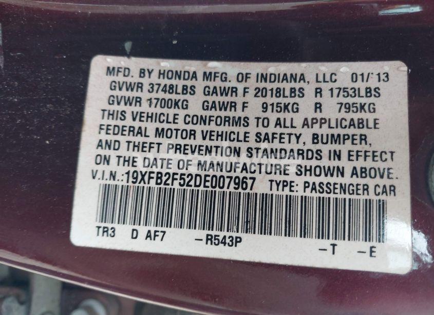 Photo 9 of 2013 Honda Civic LX (VIN 19XFB2F52DE007967)