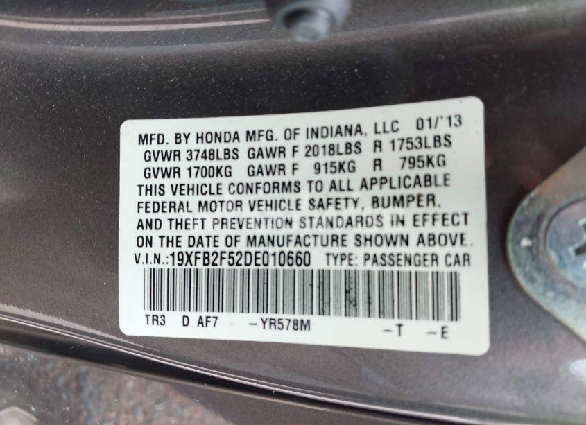 Photo 9 of 2013 Honda Civic LX (VIN 19XFB2F52DE010660)