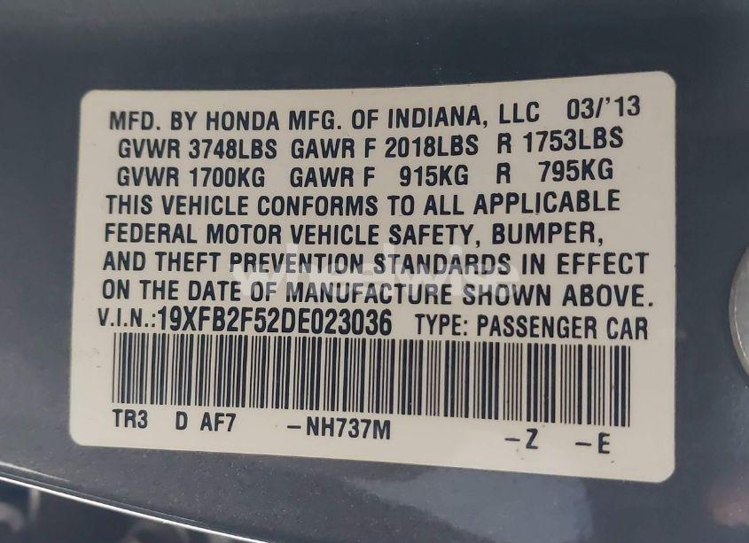 Photo 9 of 2013 Honda Civic LX (VIN 19XFB2F52DE023036)