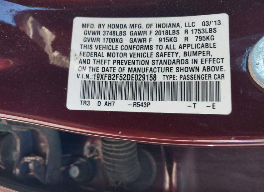 Photo 9 of 2013 Honda Civic LX (VIN 19XFB2F52DE029158)