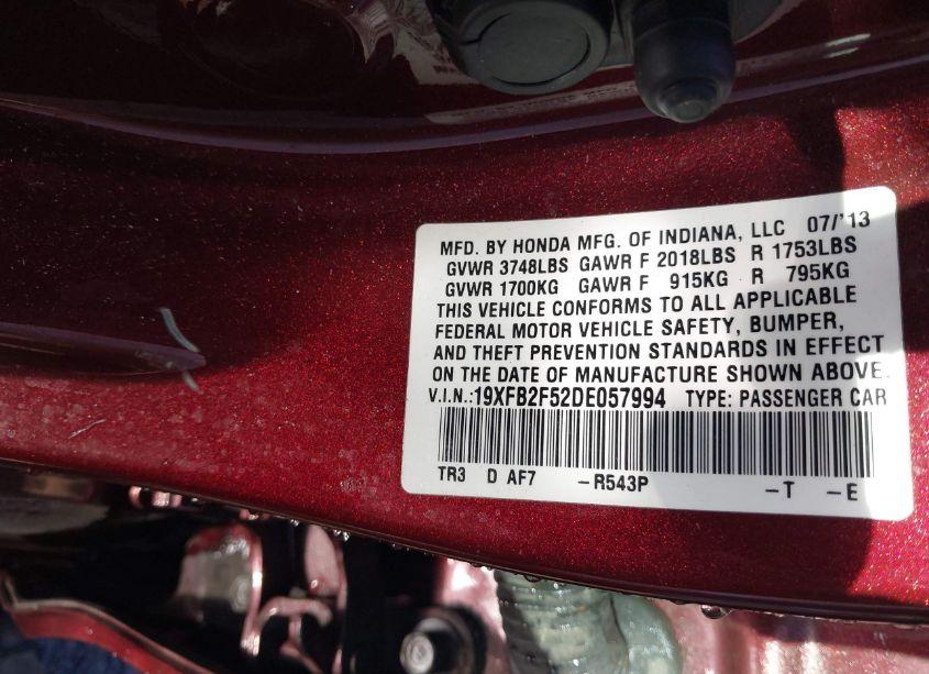 Photo 9 of 2013 Honda Civic LX (VIN 19XFB2F52DE057994)