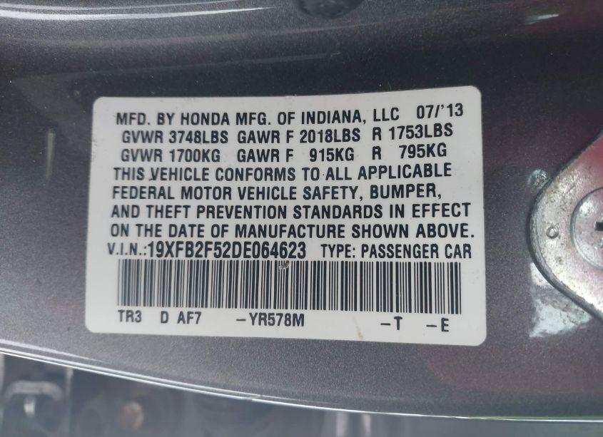 Photo 9 of 2013 Honda Civic LX (VIN 19XFB2F52DE064623)