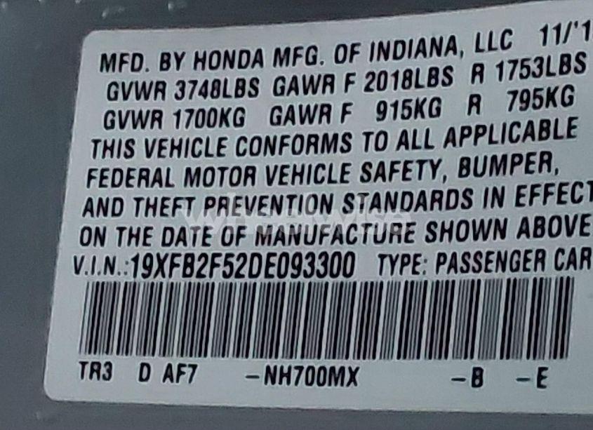 Photo 9 of 2013 Honda Civic LX (VIN 19XFB2F52DE093300)