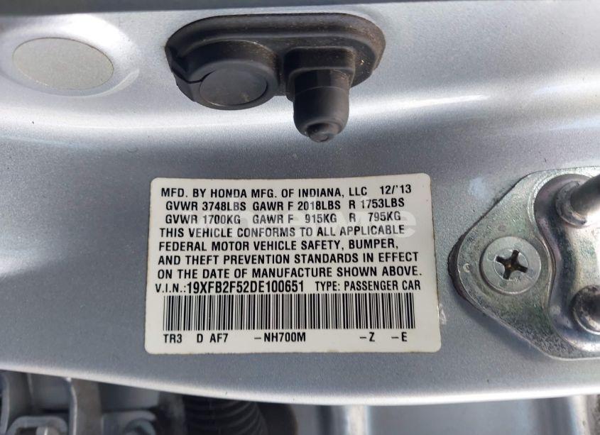 Photo 9 of 2013 Honda Civic LX (VIN 19XFB2F52DE100651)