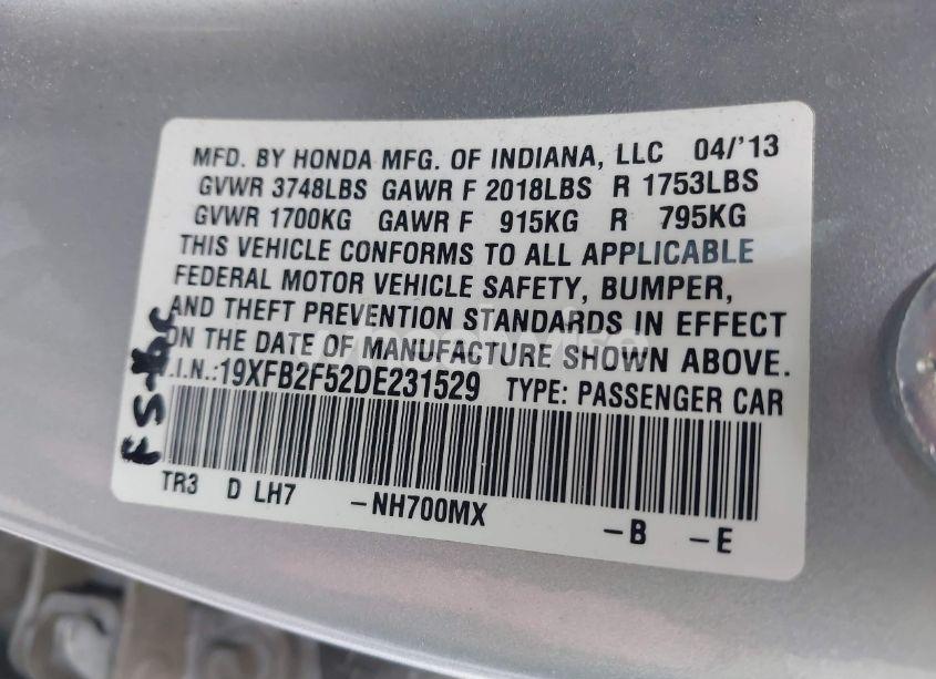 Photo 9 of 2013 Honda Civic LX (VIN 19XFB2F52DE231529)