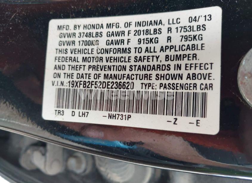 Photo 9 of 2013 Honda Civic LX (VIN 19XFB2F52DE236620)