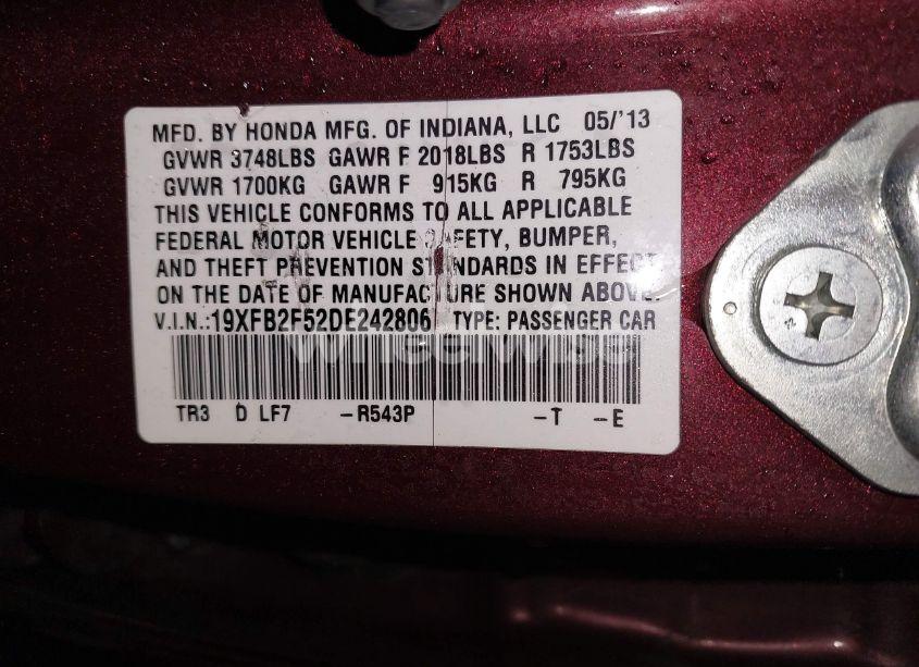 Photo 9 of 2013 Honda Civic LX (VIN 19XFB2F52DE242806)