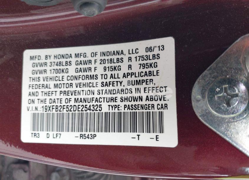 Photo 9 of 2013 Honda Civic LX (VIN 19XFB2F52DE254325)